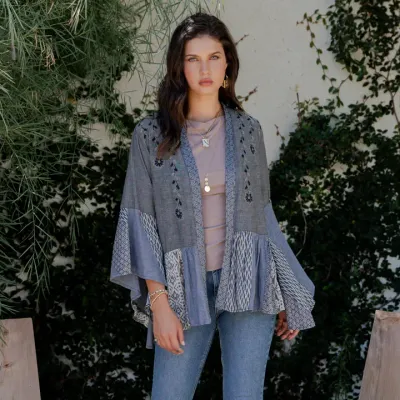 Printed Rayon Kimono Shrug with Embroidery (New Color) - Chambray Reg (Small)