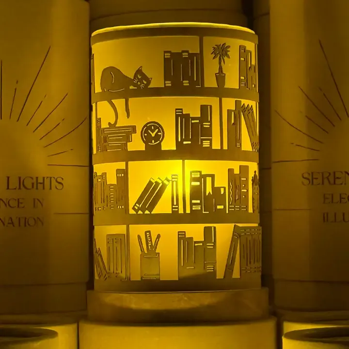Cozy Bookshelf, Decorative Candle Holder – Laser &amp; Handmade - Motif + Base + Candle
