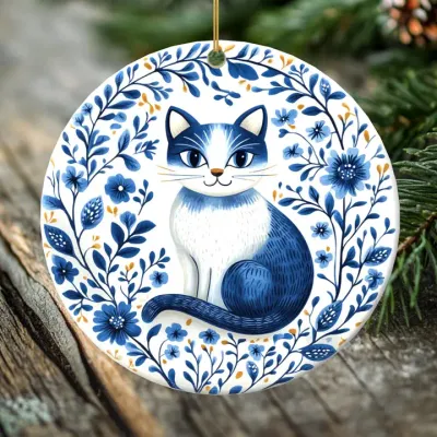 Blue Cat in Blossoms Ornament Holiday Merch FINAL