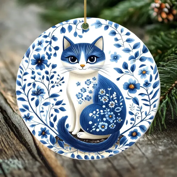 Blue Floral Coated Cat Ornament Holiday Merch FINAL