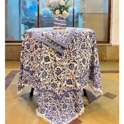 Hyderabad Blue &amp; White Cotton Tablecloth with fringe - 60x90