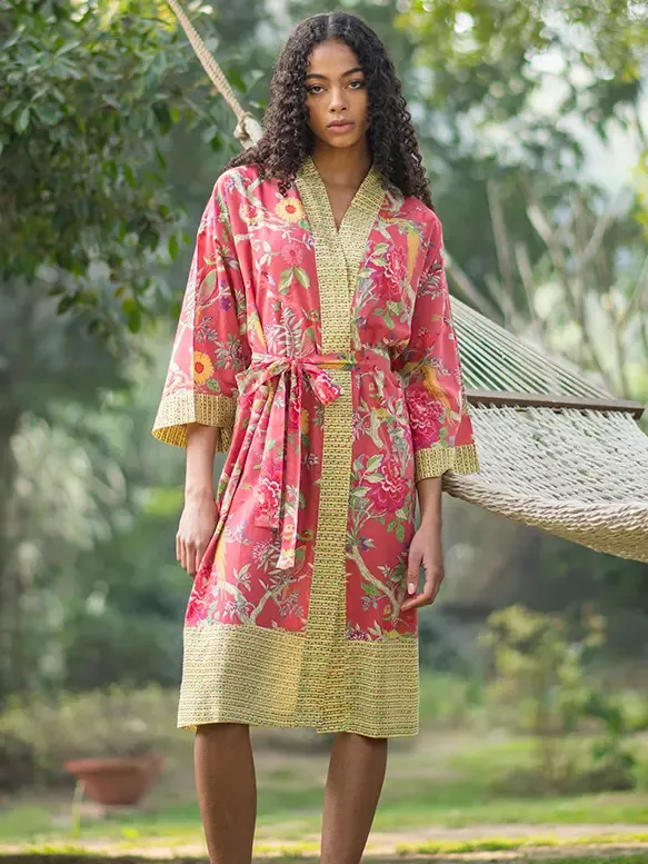 Printed Bird Coral Kimono