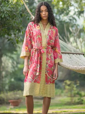 Printed Bird Coral Kimono