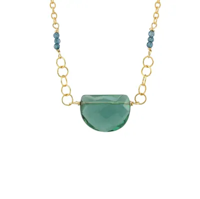 N-3615 16" GREEN QUARTZ HALF MOON GOLD NECKLACE