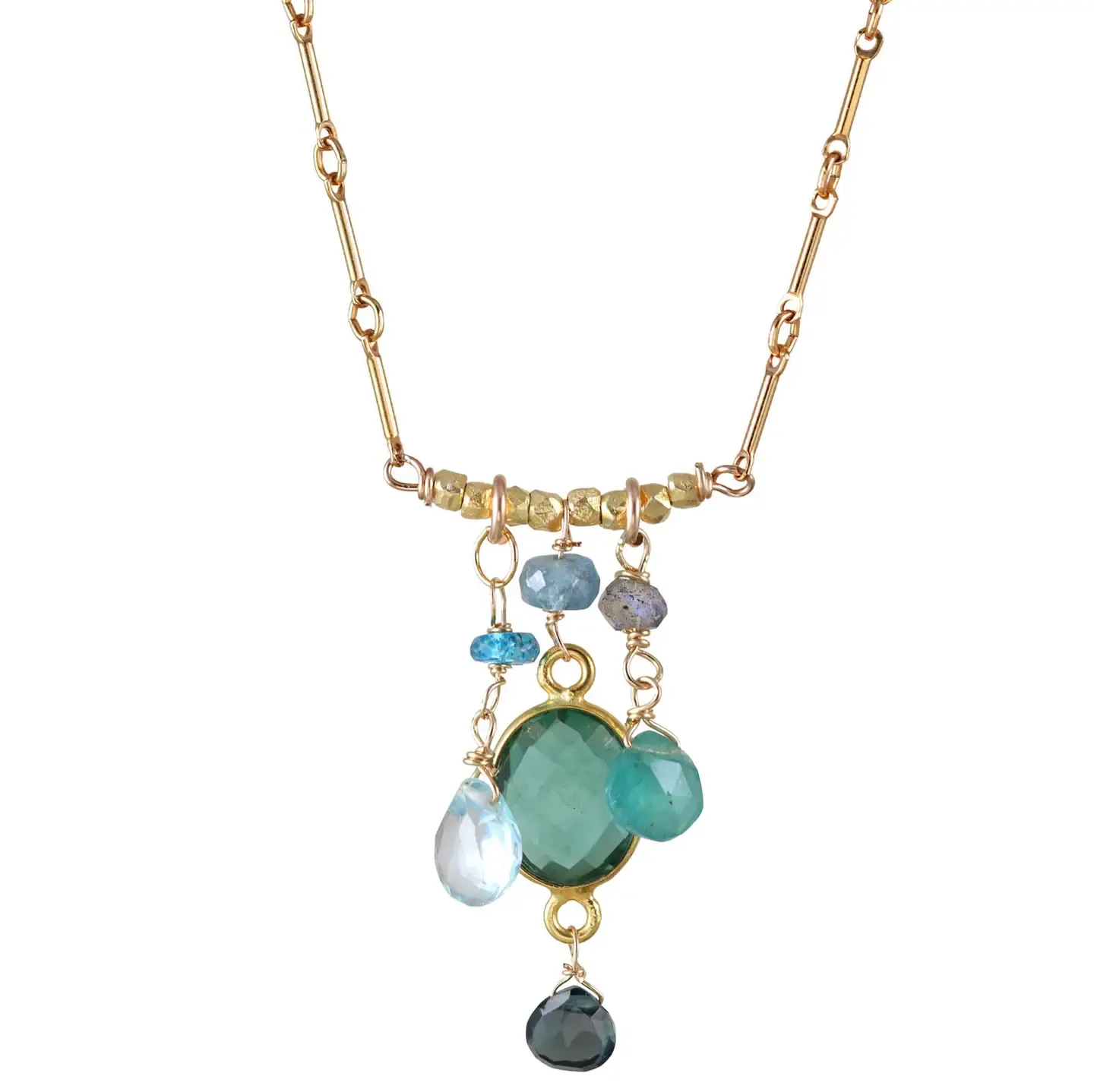 N-3812 16” GREEN QUARTZ OVAL GOLD BEZEL BAR NECKLACE, LABRADORITE, GRANDIDIERITE, BLUE TOPAZ NECKLACE