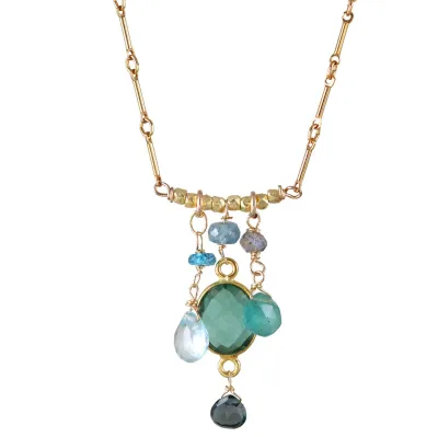 N-3812 16” GREEN QUARTZ OVAL GOLD BEZEL BAR NECKLACE, LABRADORITE, GRANDIDIERITE, BLUE TOPAZ NECKLACE