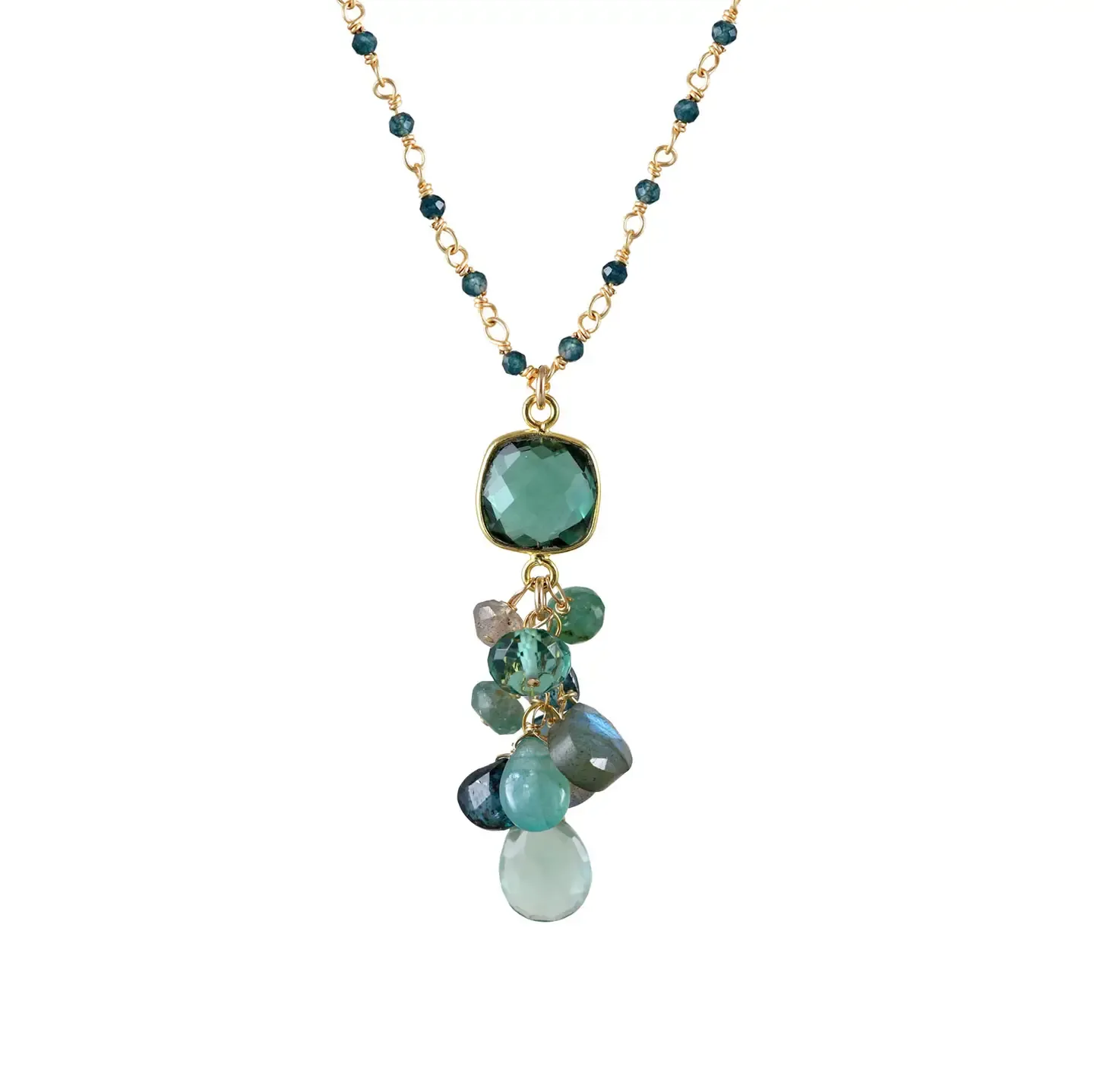 N-3813 16” GREEN QUARTZ SQUARE GOLD BEZEL, KYANITE, GRANDIDIERITE, BLUE TOPAZ, LABRADORITE, NECKLACE