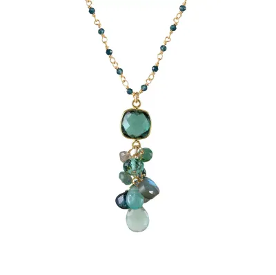N-3813 16” GREEN QUARTZ SQUARE GOLD BEZEL, KYANITE, GRANDIDIERITE, BLUE TOPAZ, LABRADORITE, NECKLACE