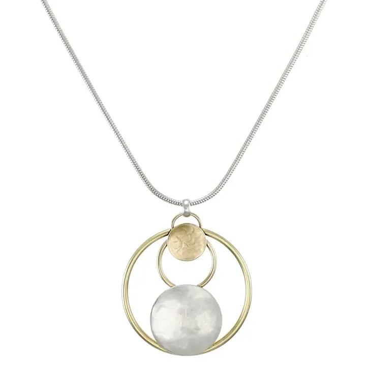 Wire Rings and Discs on Snake Chain Necklace - Brass and Silver