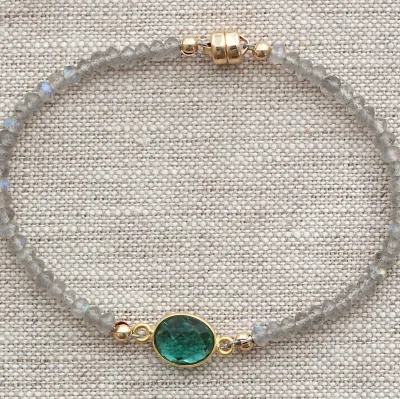 B-3618 GOLD MAGNETIC BRACELET - 7” LABRADORITE, GREEN QUARTZ OVAL GOLD BEZEL