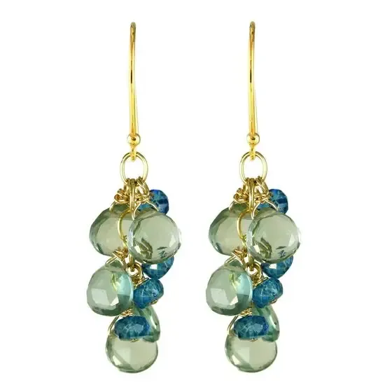 E-3636 GREEN QUARTZ, BLUE QUARTZ WATERFALL GOLD EARRINGS