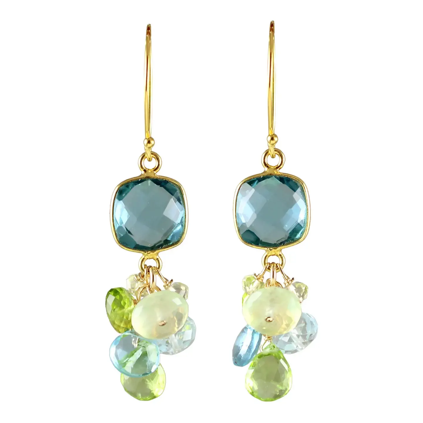 E-4029 SWISS BLUE QUARTZ SQUARE GOLD BEZEL, PERIDOT, BLUE TOPAZ, PREHNITE, LEMON TOPAZ, APATITE, GREEN AMETHYST EARRINGS