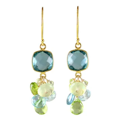 E-4029 SWISS BLUE QUARTZ SQUARE GOLD BEZEL, PERIDOT, BLUE TOPAZ, PREHNITE, LEMON TOPAZ, APATITE, GREEN AMETHYST EARRINGS