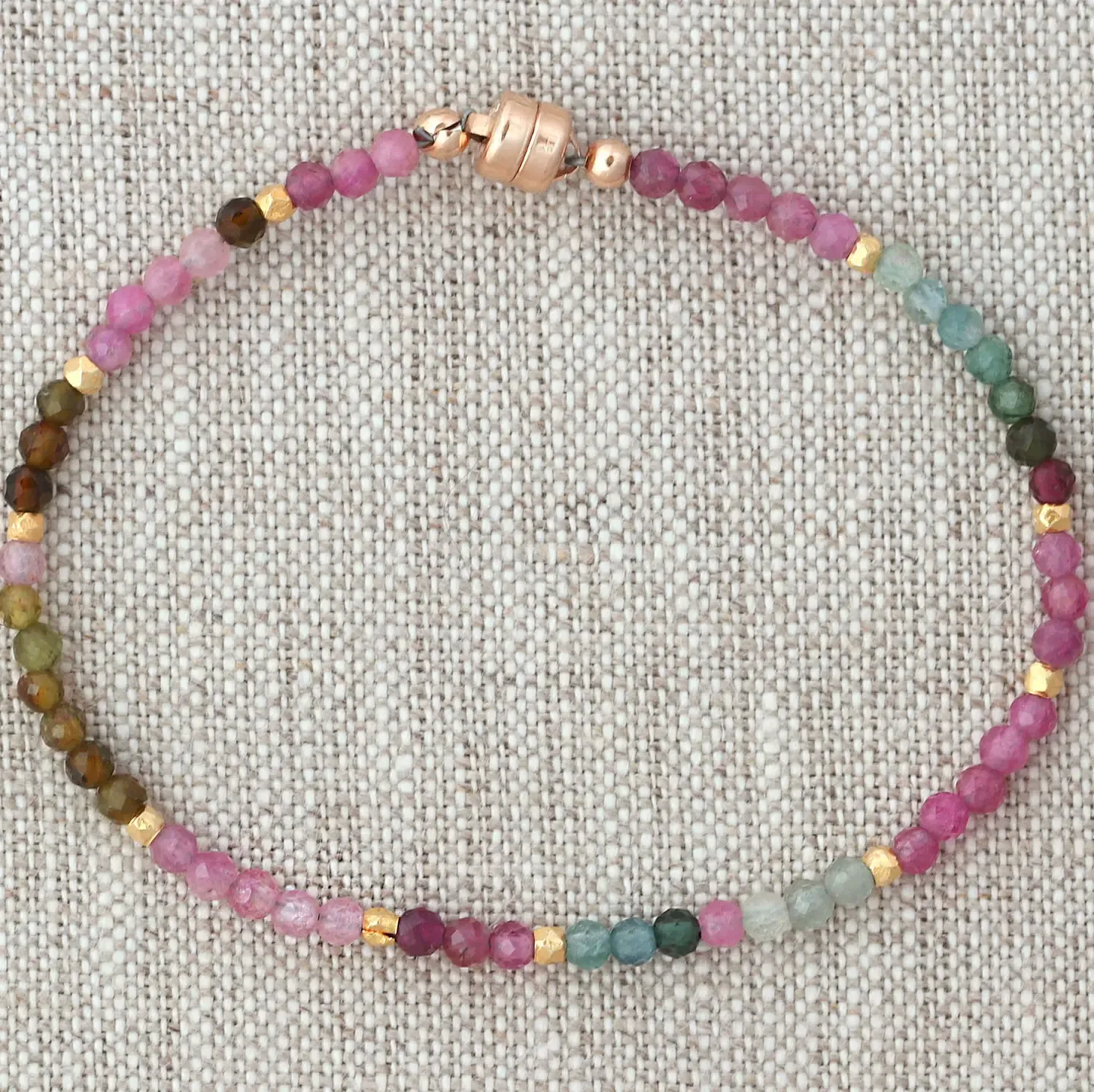 B-3566 GOLD MAGNETIC BRACELET - 7.0” MULTI COLOR TOURMALINE GOLD BEADS