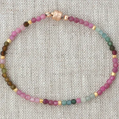 B-3566 GOLD MAGNETIC BRACELET - 7.0” MULTI COLOR TOURMALINE GOLD BEADS