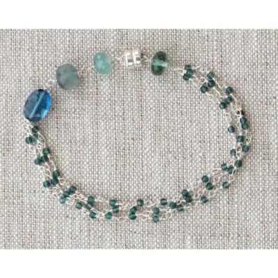 B-3877 SILVER MAGNETIC BRACELET - 7.0" LONDON BLUE QUARTZ, GRANDIDIERITE, MOSS AQUAMARINE, GREEN QUARTZ 3 STRAND