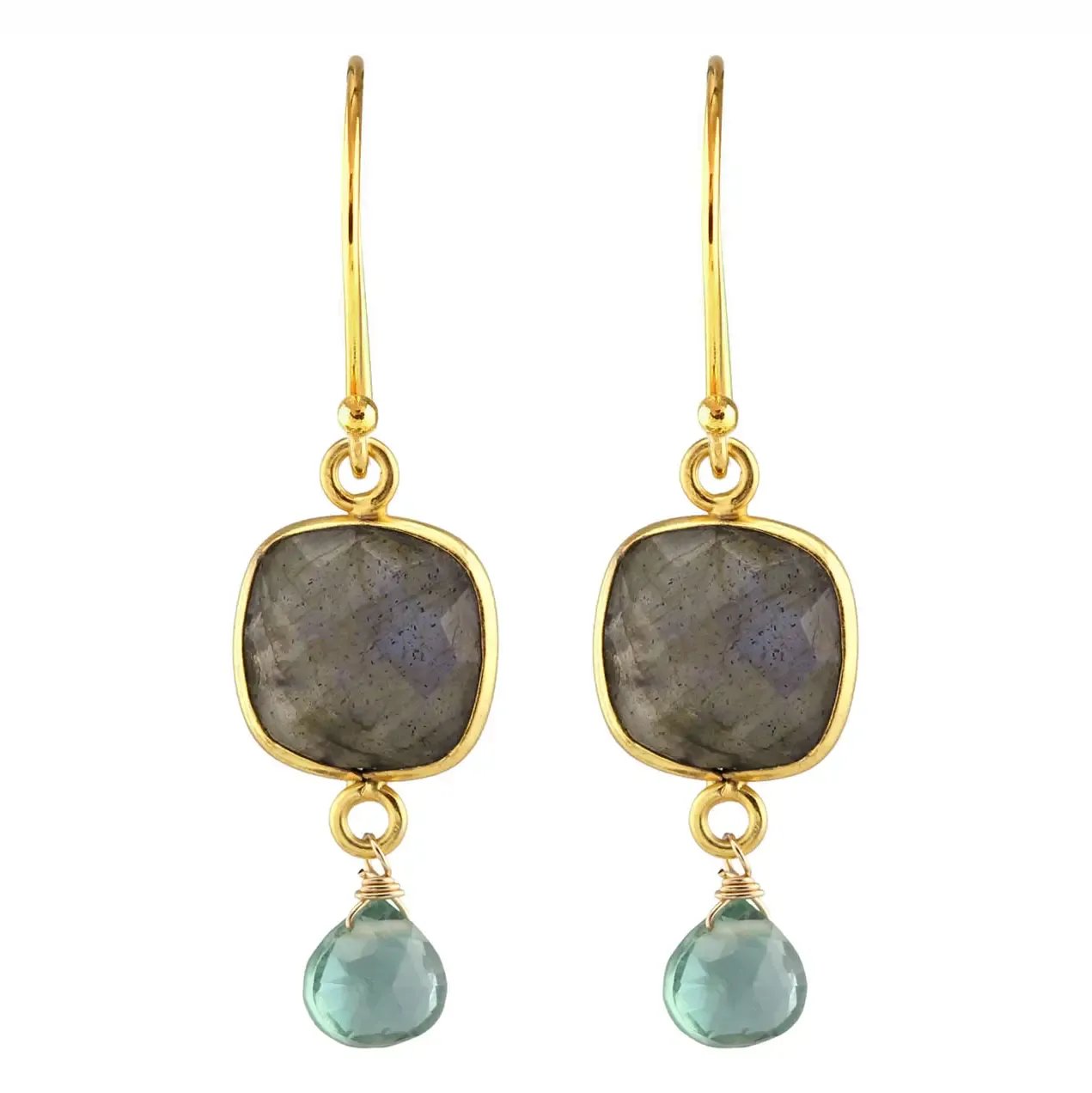 E-3620 LABRADORITE SQUARE GOLD BEZEL, GREEN QUARTZ EARRINGS
