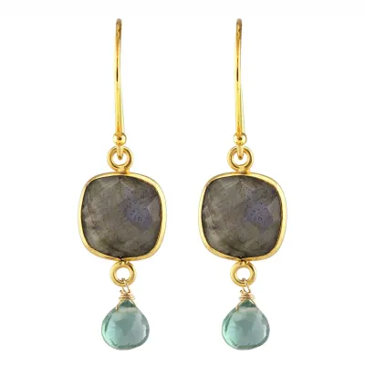 E-3620 LABRADORITE SQUARE GOLD BEZEL, GREEN QUARTZ EARRINGS