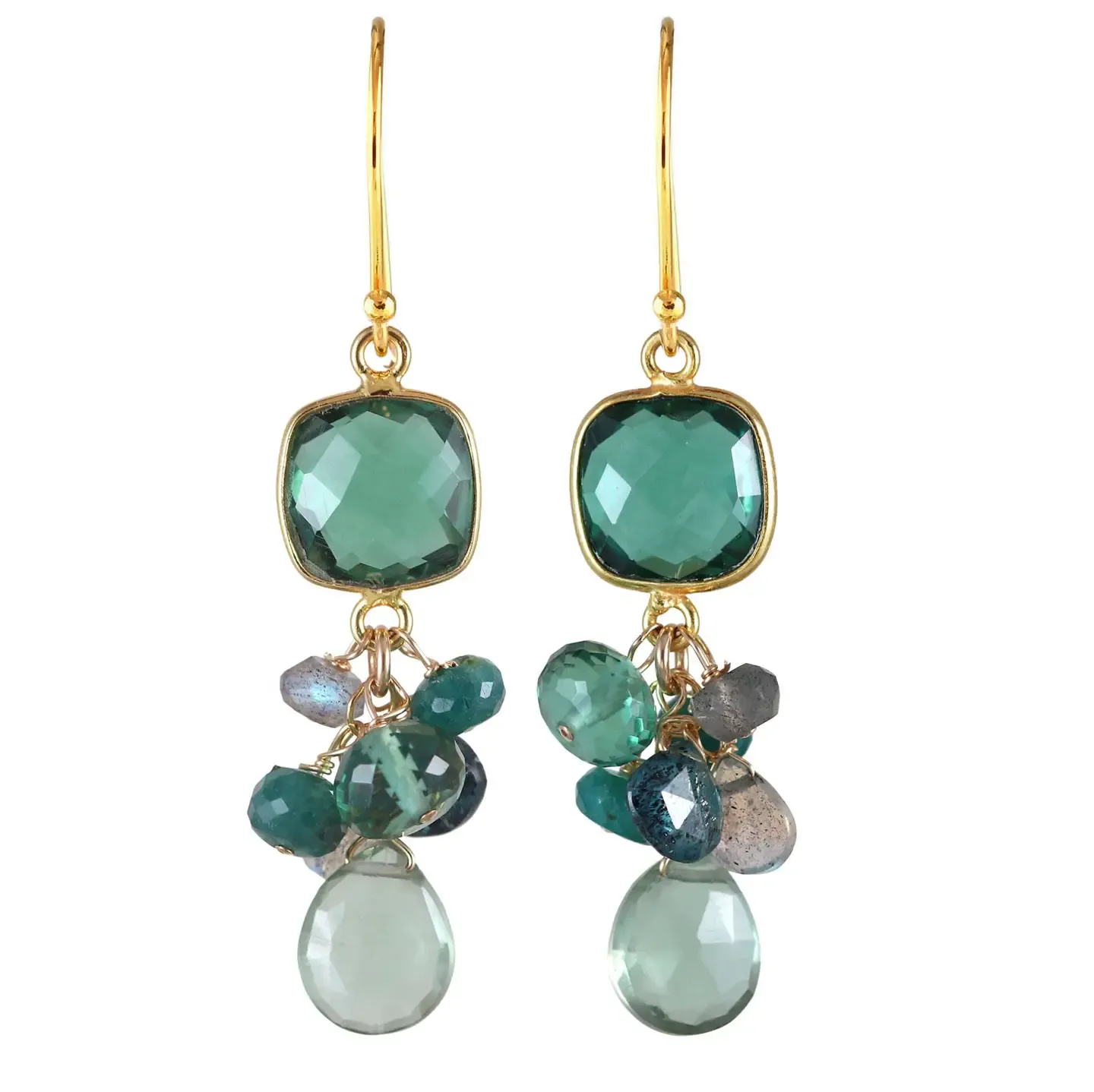 E-3816 GREEN QUARTZ SQUARE GOLD BEZEL, KYANITE, GRANDIDIERITE, BLUE TOPAZ, LABRADORITE EARRINGS