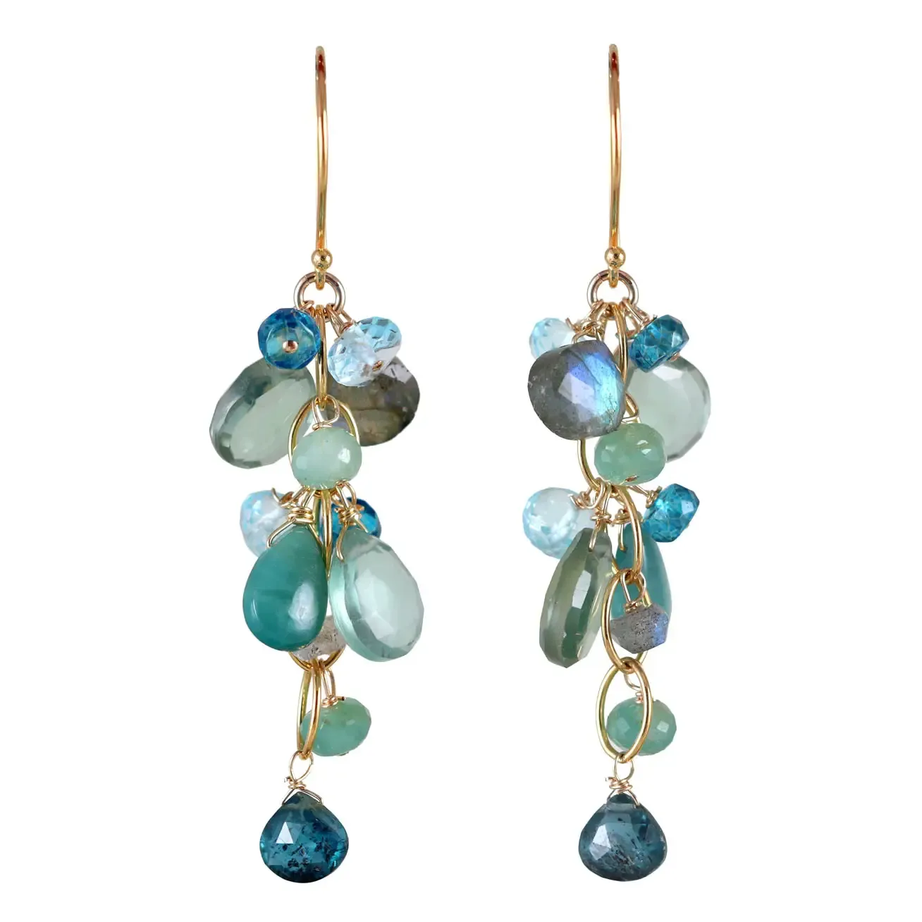 E-3817 GREEN QUARTZ, KYANITE, GRANDIDIERITE, BLUE TOPAZ, LABRADORITE GOLD OVAL CHAIN EARRINGS