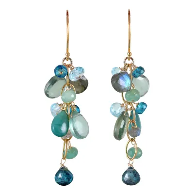 E-3817 GREEN QUARTZ, KYANITE, GRANDIDIERITE, BLUE TOPAZ, LABRADORITE GOLD OVAL CHAIN EARRINGS