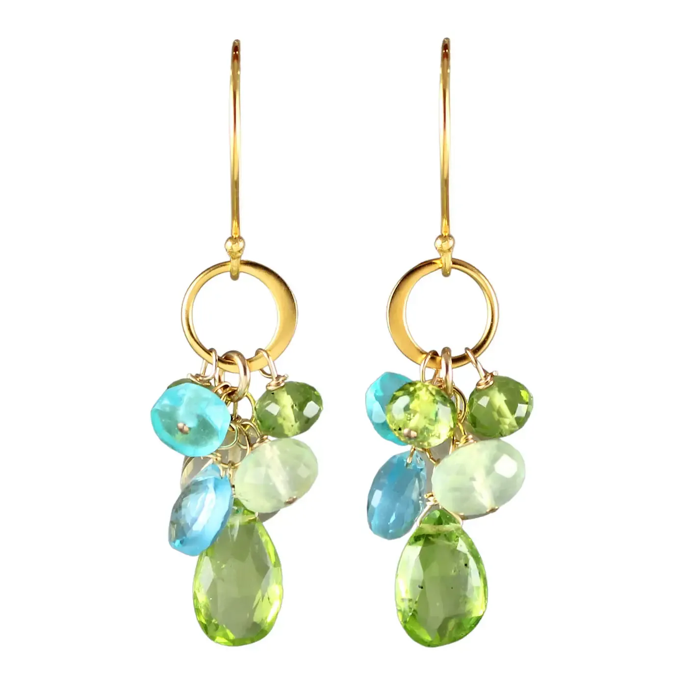 E-4030 GOLD HAMMERED CIRCLE LINK EARRING - PERIDOT, BLUE QUARTZ, PREHNITE, LEMON TOPAZ, APATITE EARRINGS