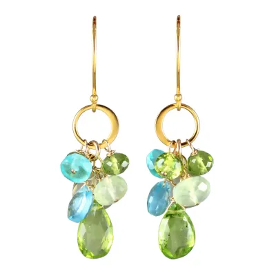 E-4030 GOLD HAMMERED CIRCLE LINK EARRING - PERIDOT, BLUE QUARTZ, PREHNITE, LEMON TOPAZ, APATITE EARRINGS