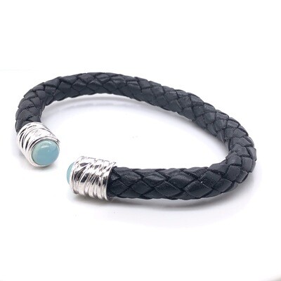 Leather Bracelet- One Size Fits All- Sterling Silver with Aqua Chalsedney Stones.