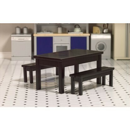 MODERN BLACK TABLE AND 2 BENCHES