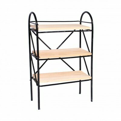 MODERN BLACK AND WOOD SHELVING UNIT