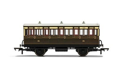 Hornby R40066 GWR 3rd Class 5 Door 4 wheel coach. Gas lamps + step boards 1889