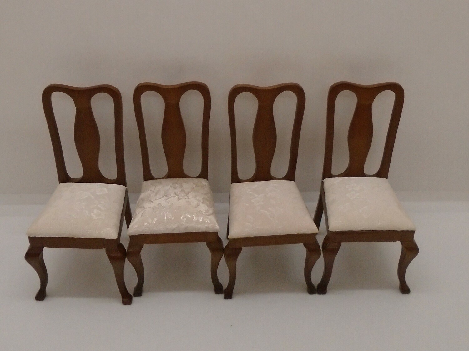 SET OF 4 TEAK COLOUREDQUEEN ANNE CHAIRS WITH SATIN FABRIC