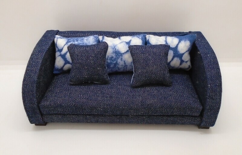 COTTAGE GARDEN MINIATURES MODERN HAND CRAFTED
 DENIM BLUE SOFA WITH 5 REVERSABLE CUSHIONS