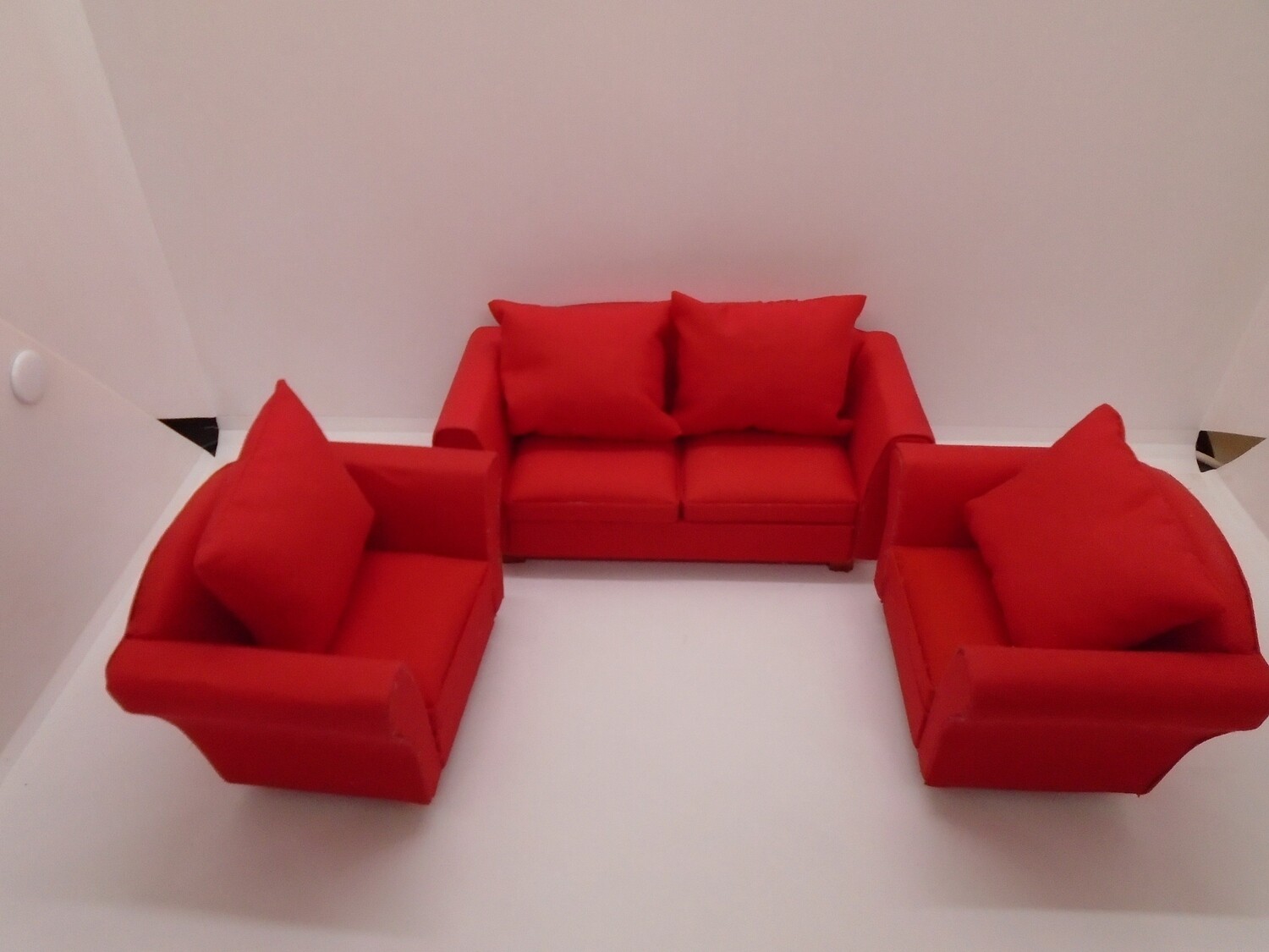 MODERN RED SOFA AND 2 CHAIRS WITH PADDED CUSHIONS