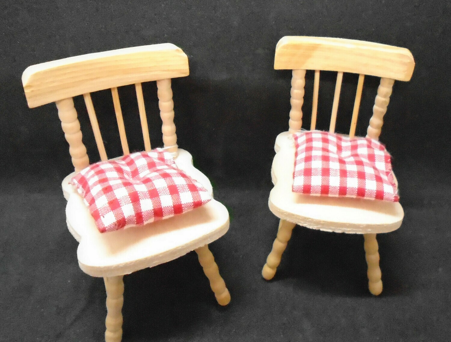 PAIR OFBAREWOOD KITCHEN CHAIRS WITH RED CHECK CUSHIONS