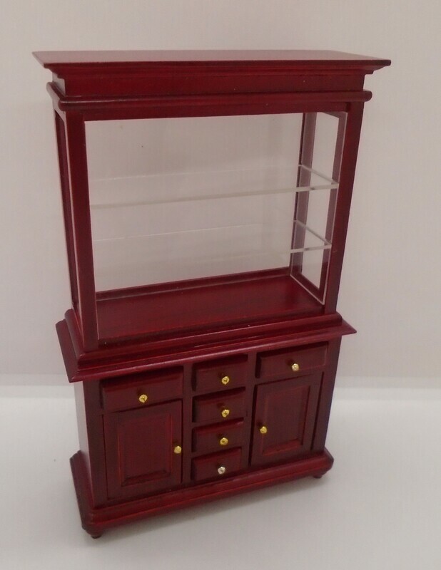 RED MAHOGANY DISPLAY UNIT WITH GLASS SHELVES AND GLASS BACK