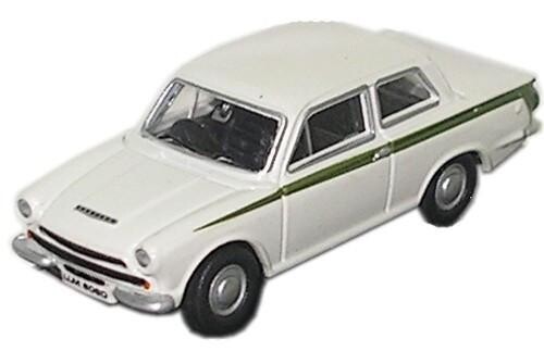 Oxford Diecast 76COR1001 Ford Cortina Mk I Ermine White / Green Stripe