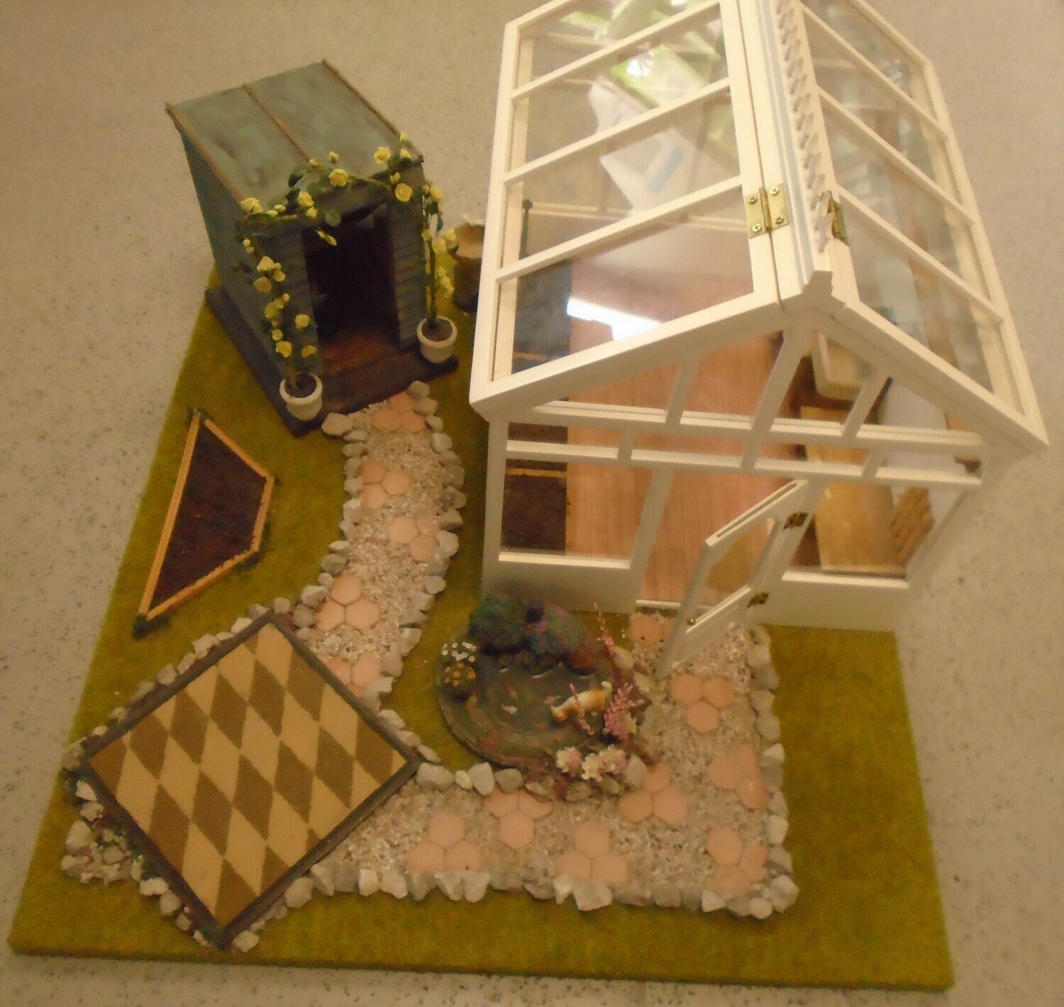 GARDEN LAYOUT WITH SHED, LARGE GREENHOUSE AND BEAUTIFUL PATIO