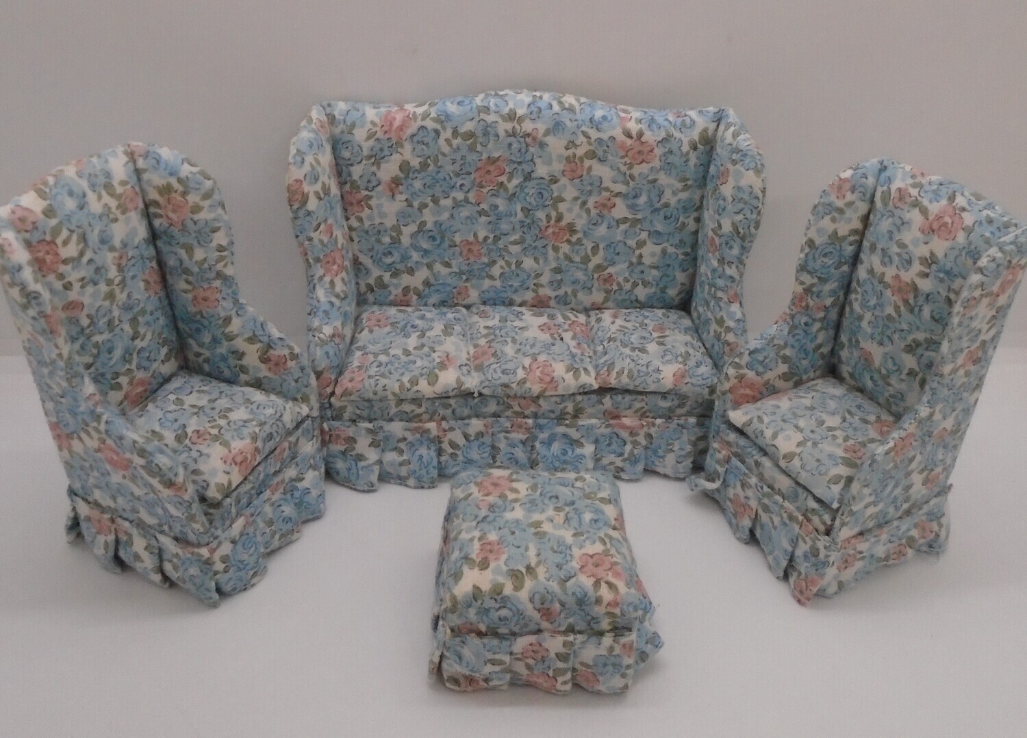 BLUE FLORAL HIGH BACK SOFA SET WITH STOOL