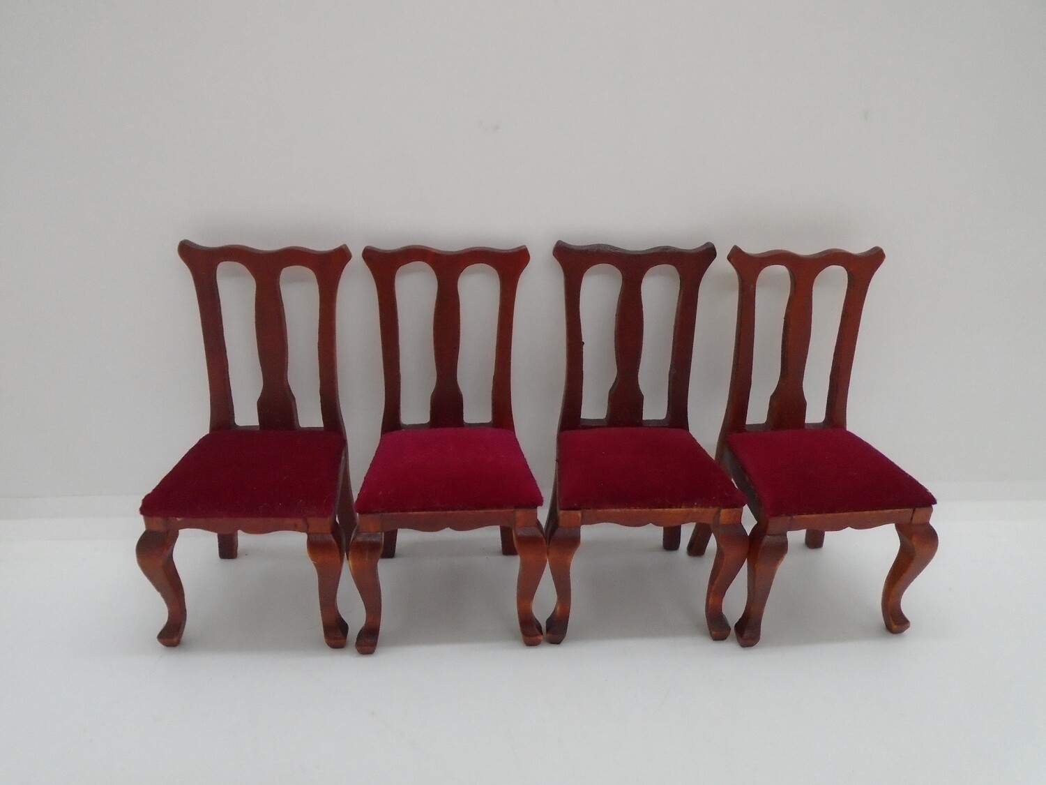 SET OF 4 DINING CHAIRS IN  MID DARK WOOD AND RED VELVET