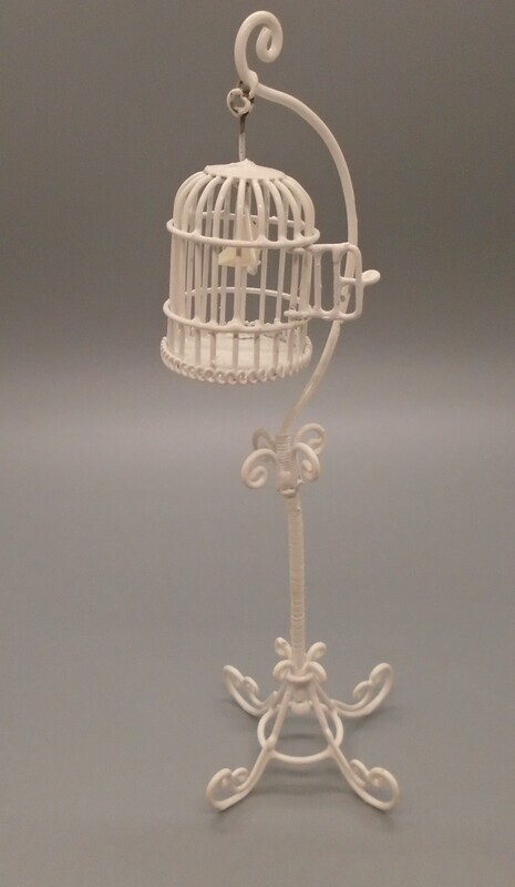 WHITE WIRED SINGING BIRD CAGE ON STAND