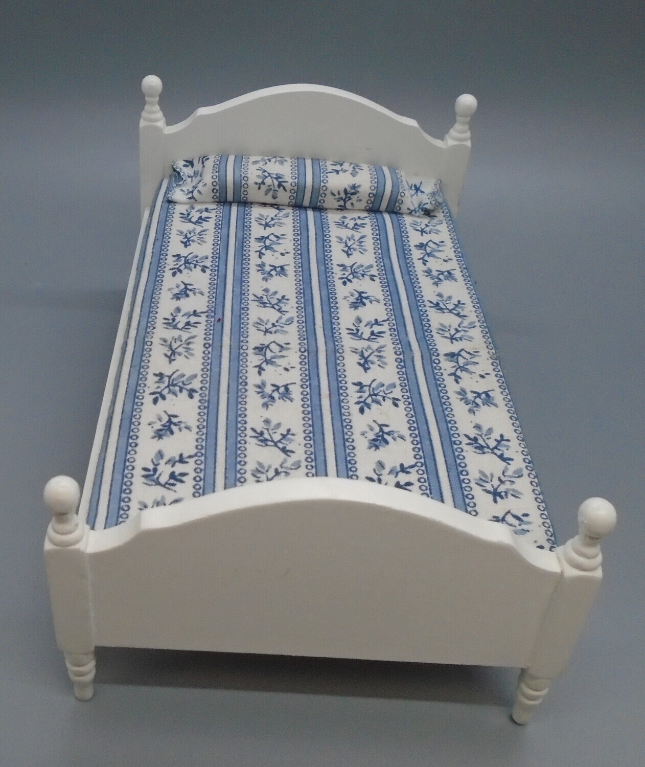 SMALL DOUBLE BED WITH BLUE STRIPE FABRIC
