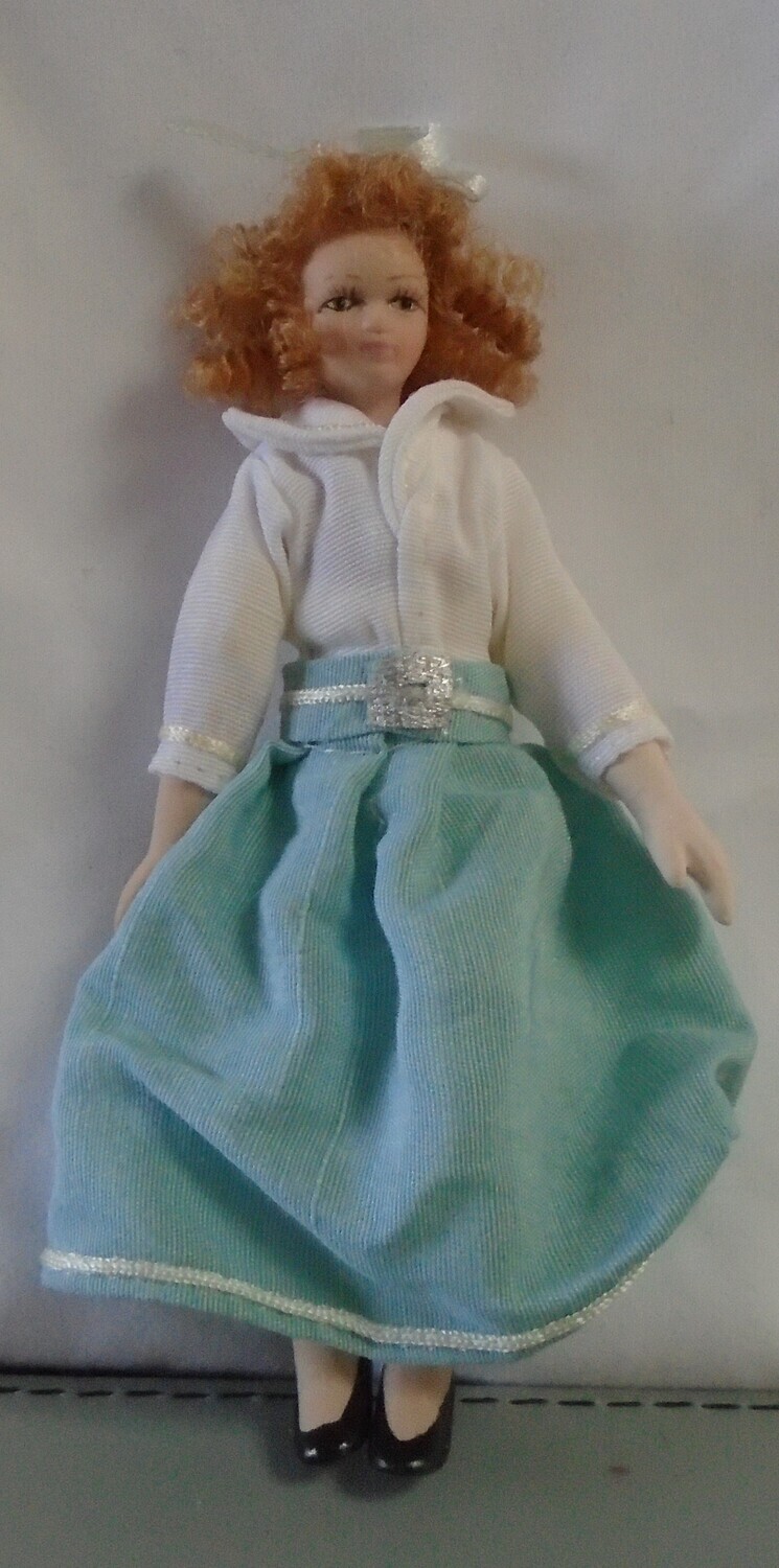LADY IN GREEN SKIRT AND WHITE TOP