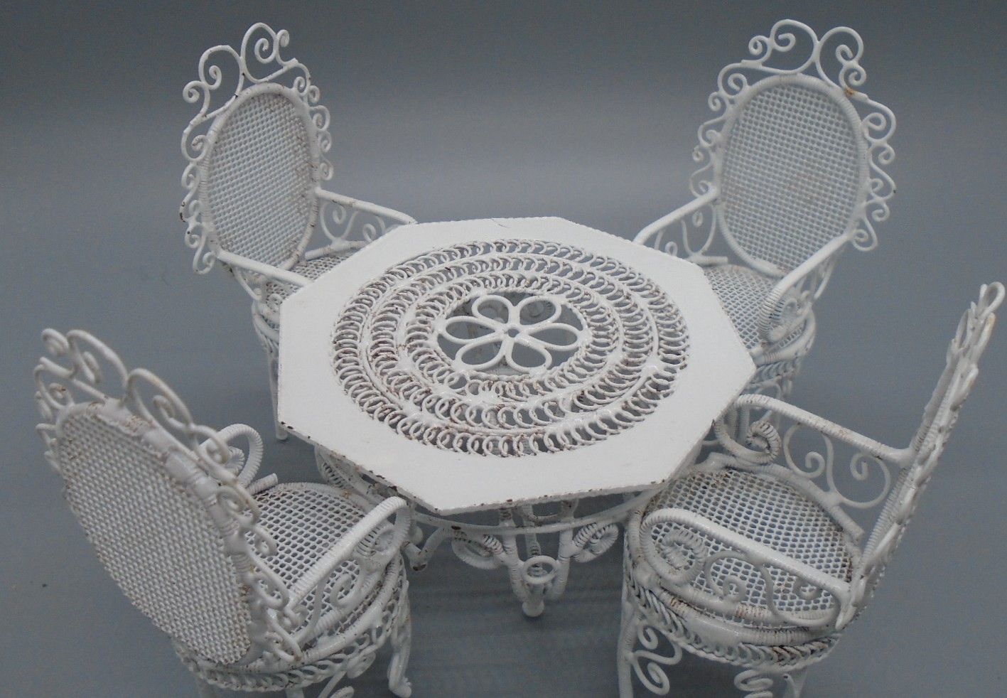 PRE-LOVED WEATHERED WHITE WIRED GARDEN TABLE AND CHAIRS