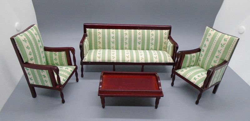 4 PC REGENCY GREEN STRIPE SOFA, 2 CHAIRS AND COFFEE TABLE