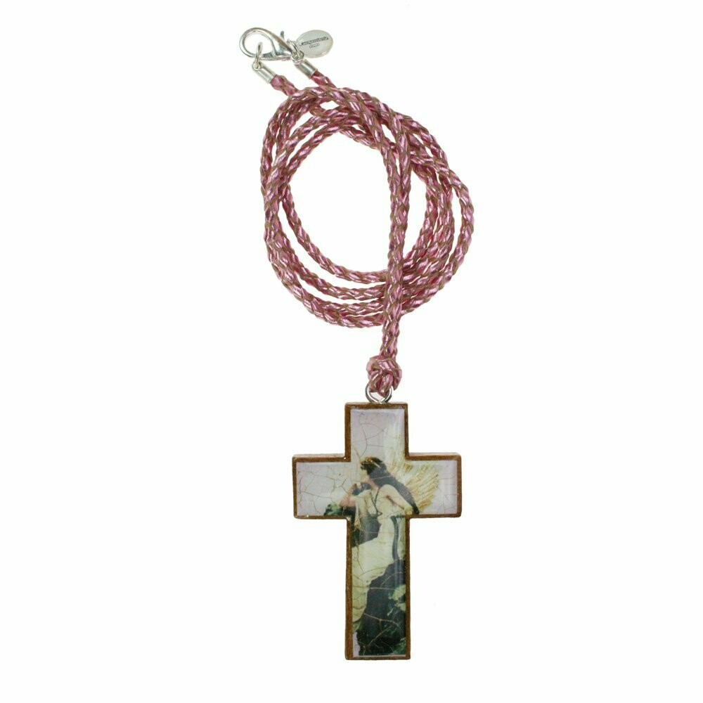 Lederkette mit Holzkreuz "Engel" Rosa