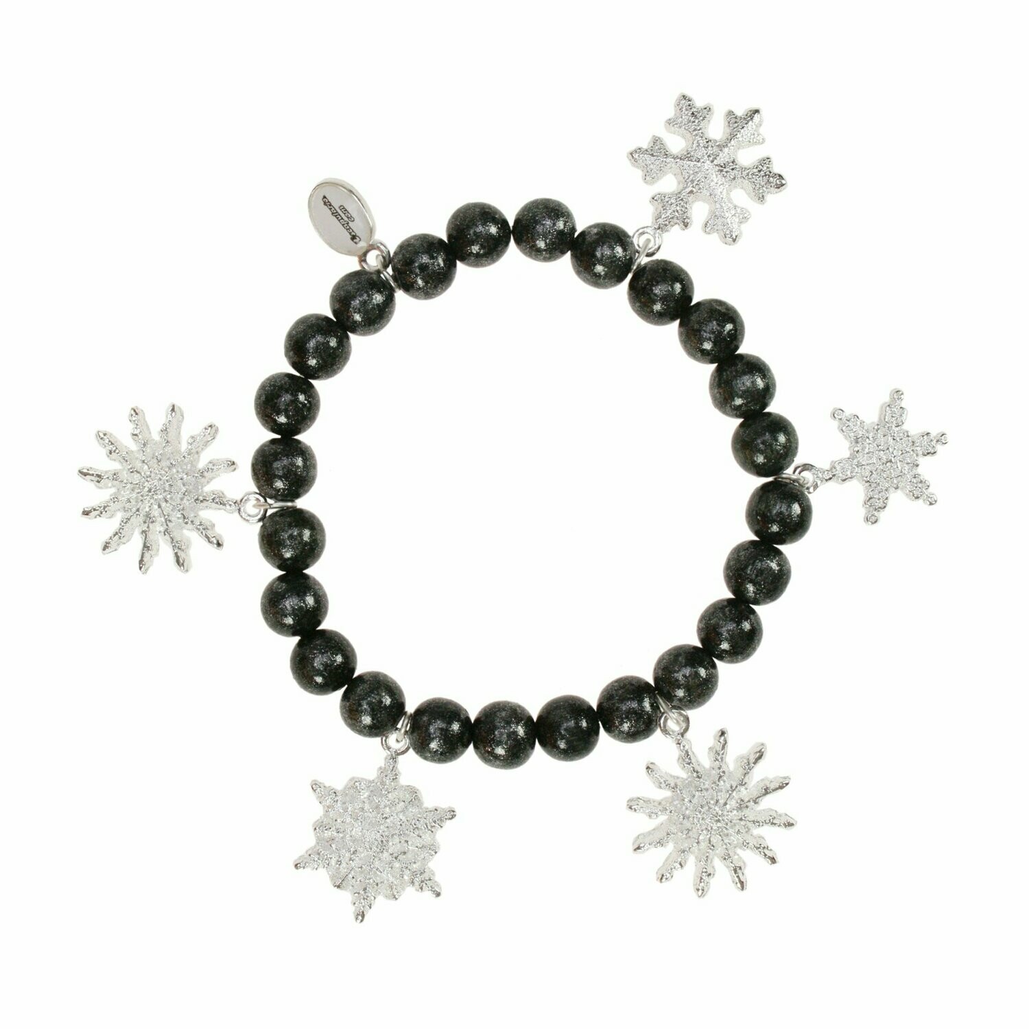 Holzbettelarmband schwarz  mit silbernen  Schneekristallen