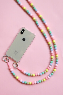 Pastel Phonechain made of wooden beads, Mobile chain