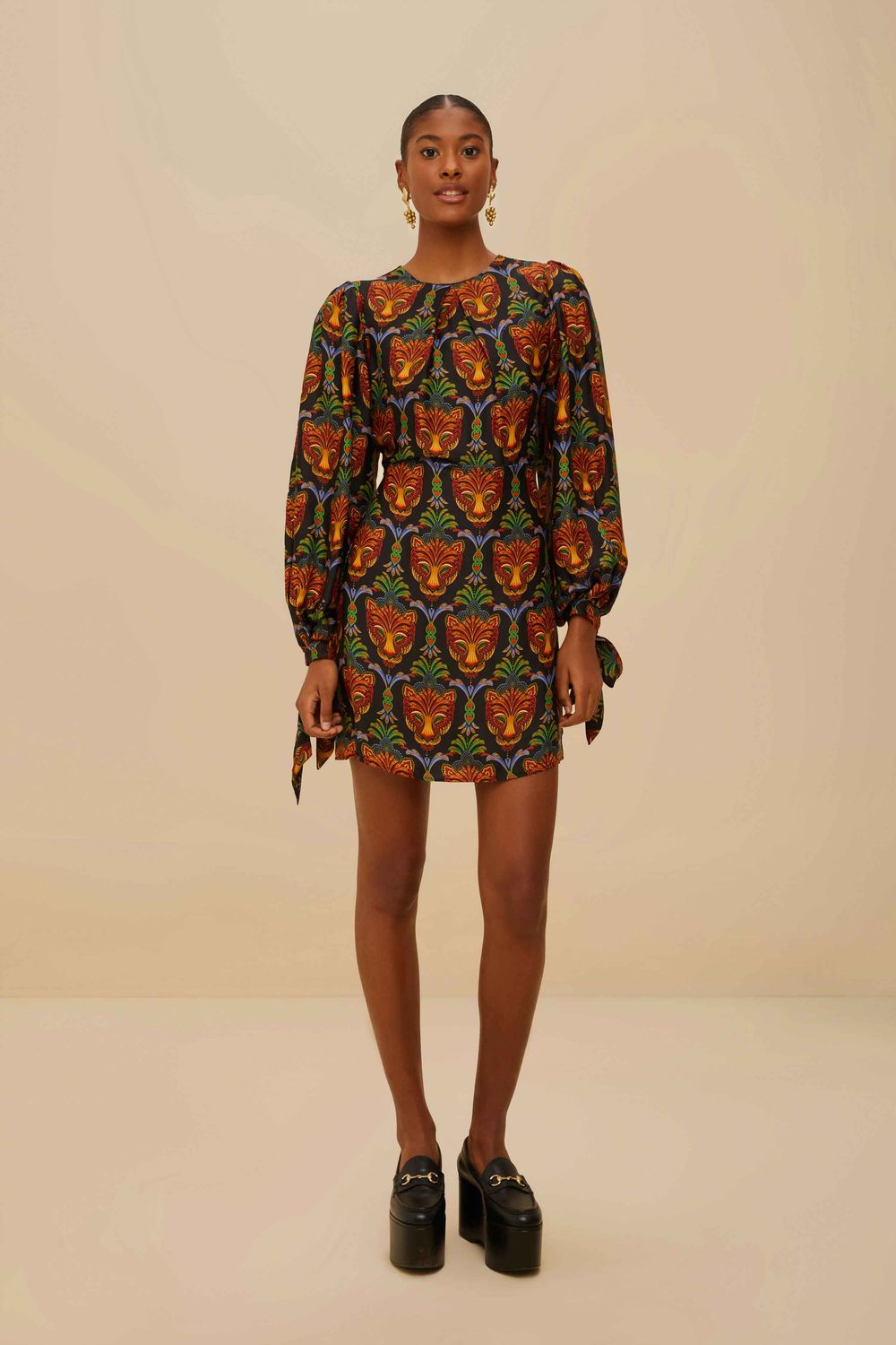 FR - BOHO PANTHER BLACK MINI DRESS LONG SLEEVE
