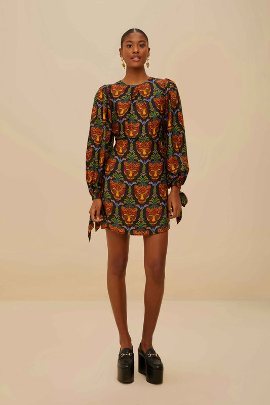 BOHO PANTHER BLACK MINI DRESS LONG SLEEVE